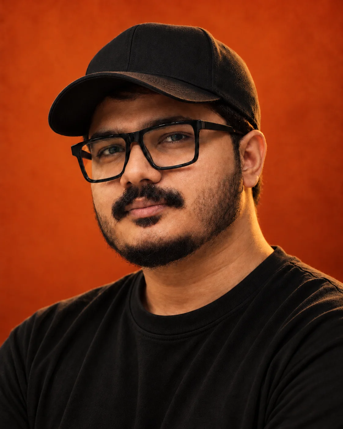 Aslam Khan wearing a black cap and glasses, in warm studio light