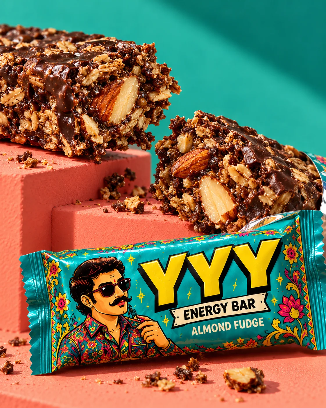 Broken chocolate almond bar on coral blocks with a teal YYY wrapper