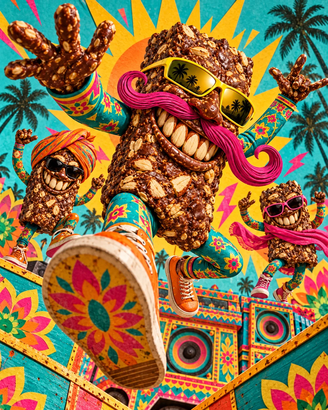 Three exuberant snack-bar characters jump through a truck-art sound-system scene