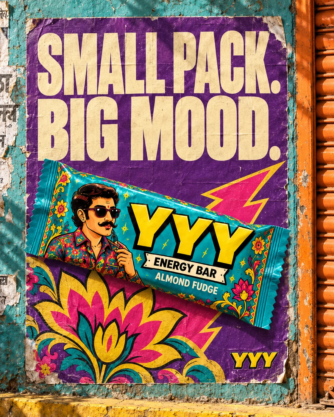 YYY Small Pack Big Mood poster on a turquoise street wall