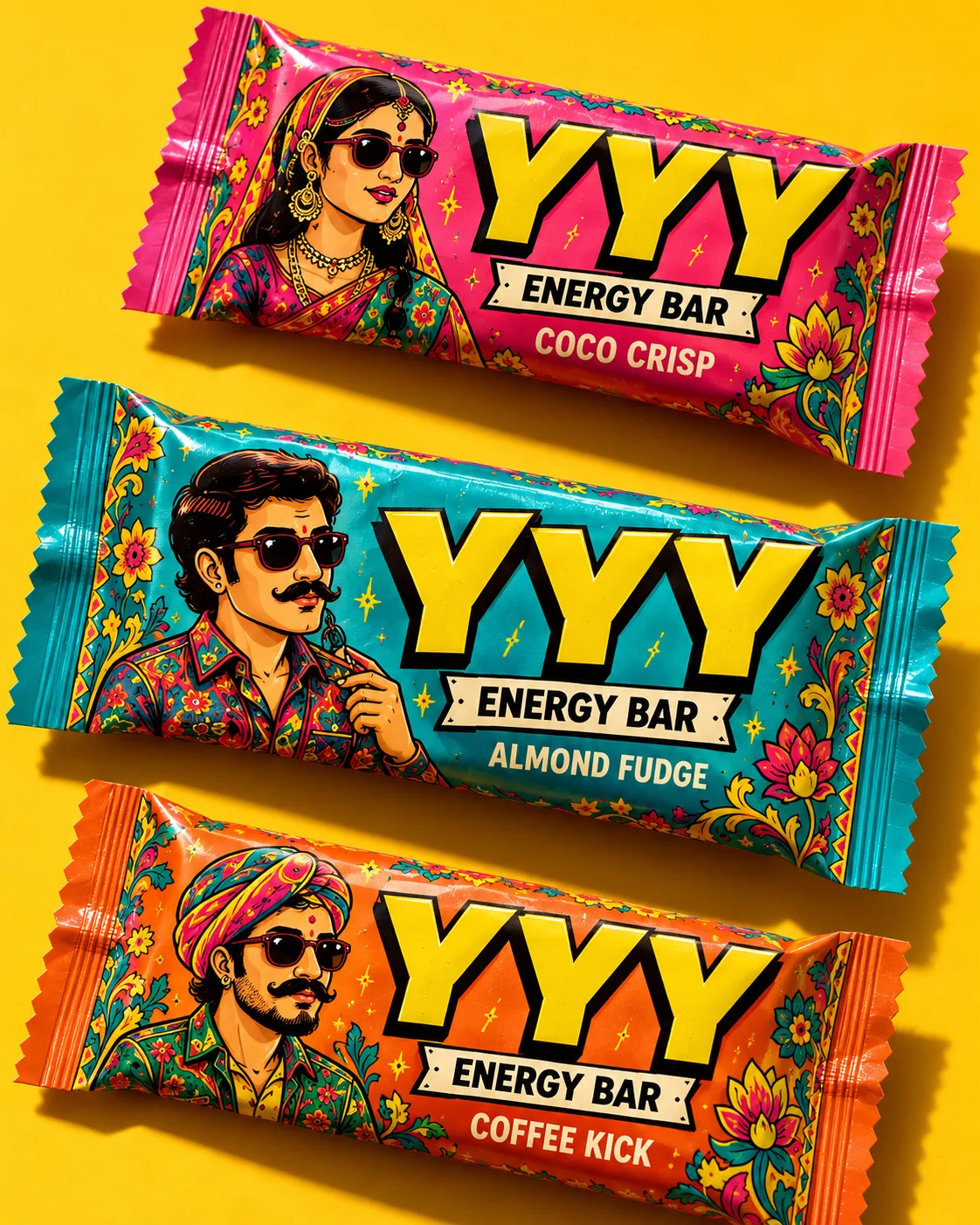 YYY packaging range in teal, hot pink and orange