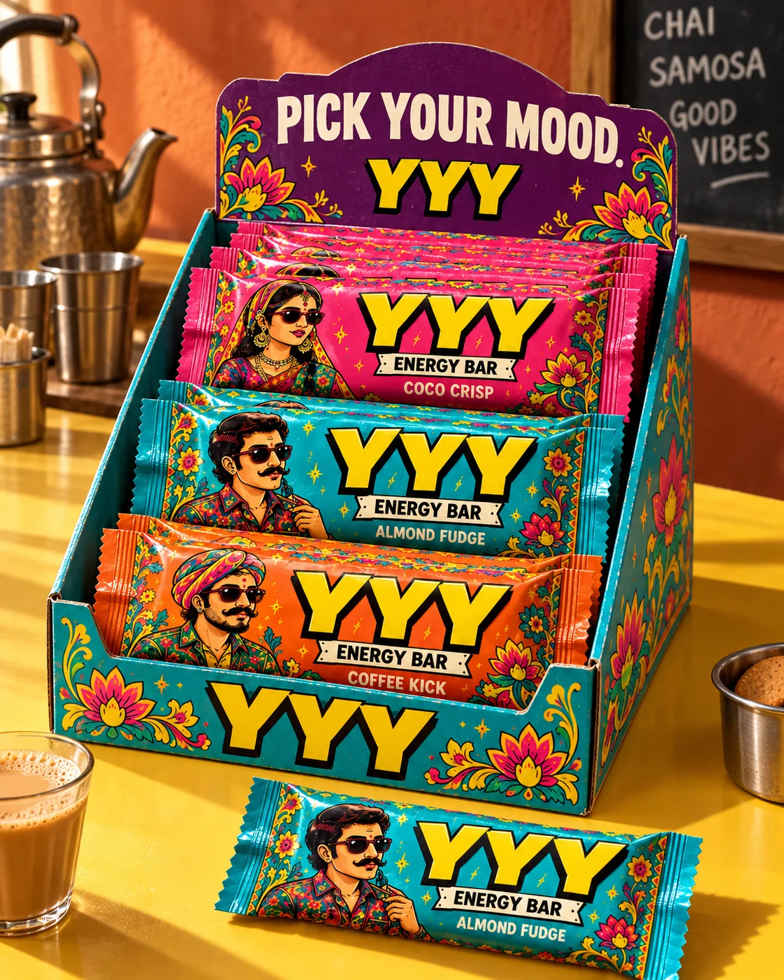 YYY three-flavour counter display with Pick Your Mood headline