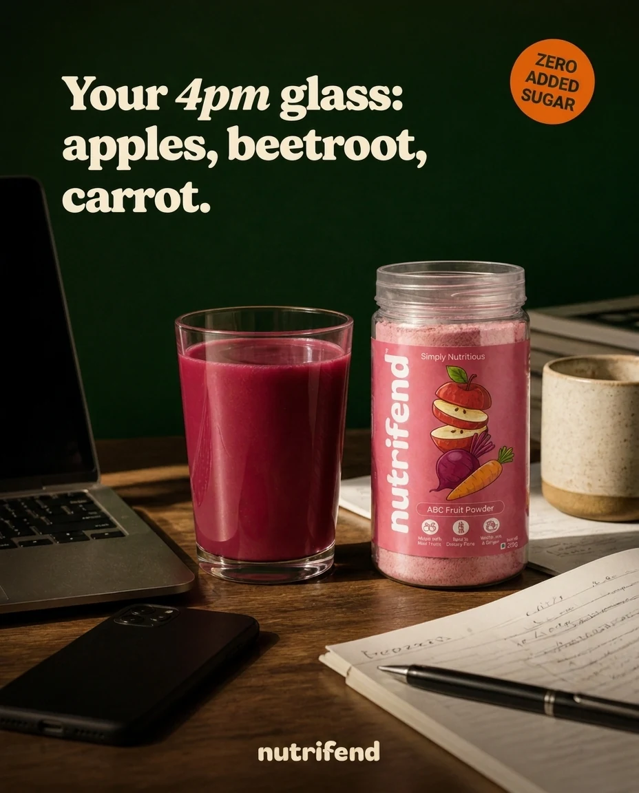 Nutrifend bottle and prepared drink on a desk with Your 4pm glass headline