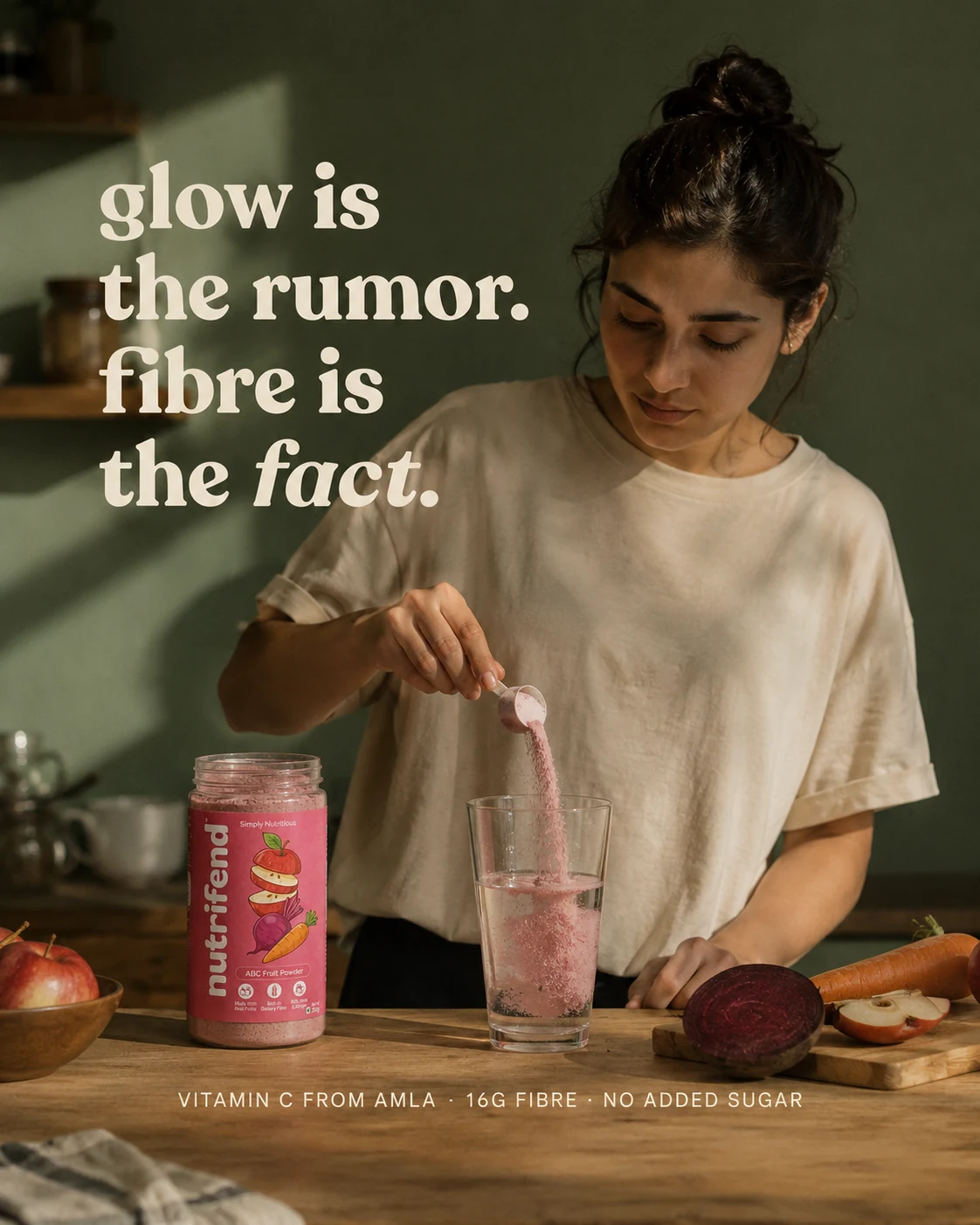 Nutrifend creative with a woman preparing a drink and the headline Glow is the rumor, fibre is the fact