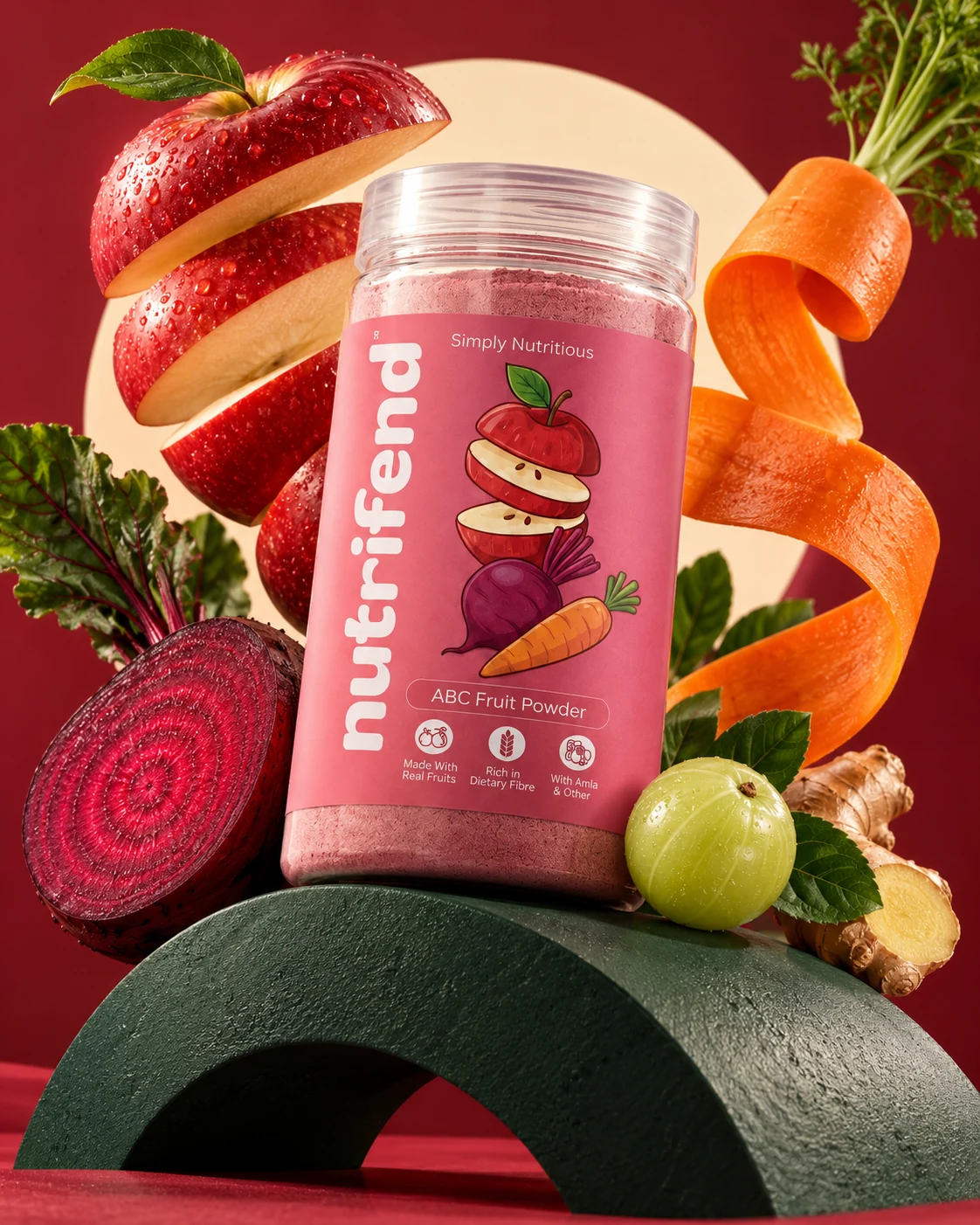 Nutrifend ABC bottle with sculptural apple, beetroot and carrot imagery