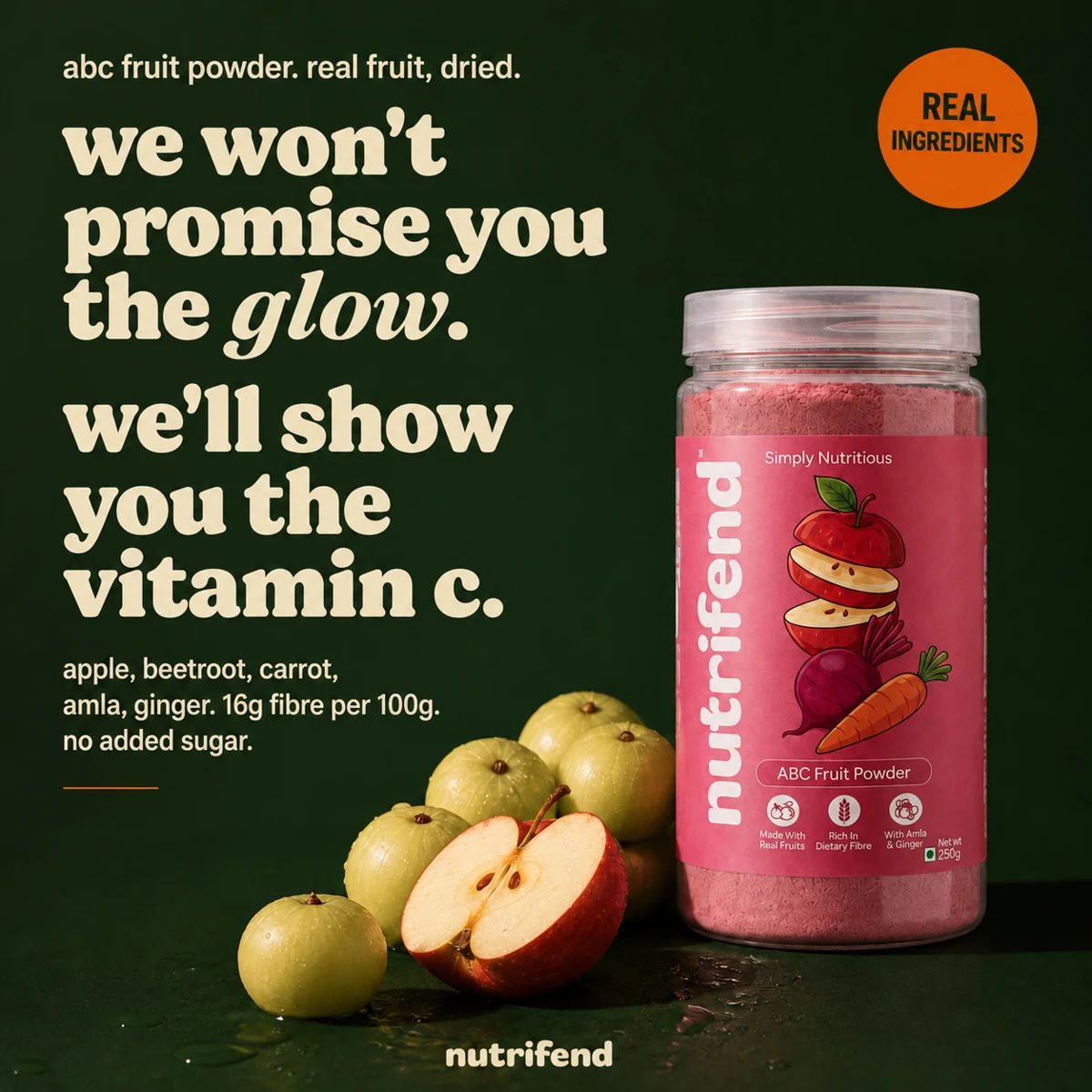 Nutrifend bottle and fruit with a typography-led ingredient message
