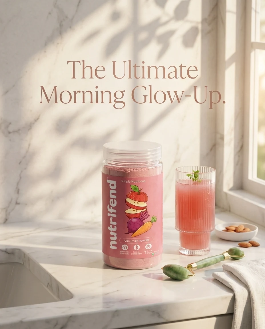 The Ultimate Morning Glow-Up ad with Nutrifend bottle and prepared drink