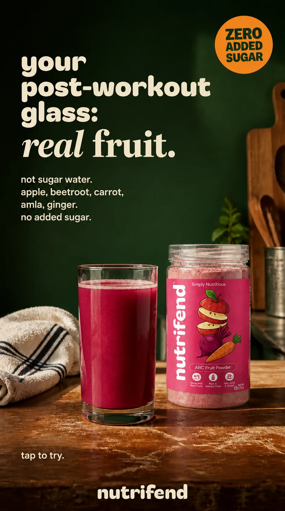 Nutrifend drink and bottle with post-workout glass headline