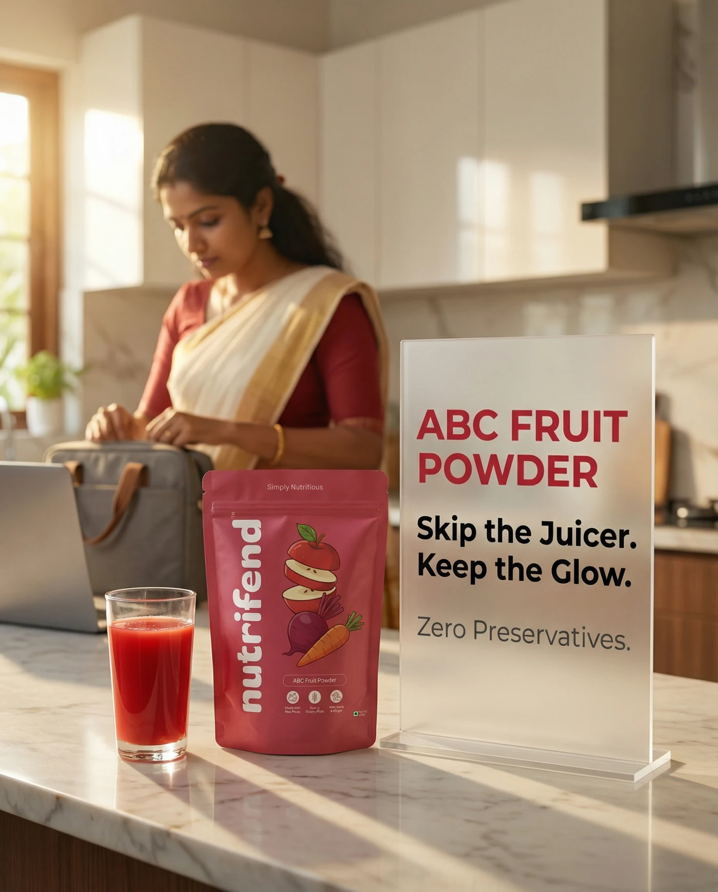 Earlier creative: Skip the Juicer Keep the Glow, with a pouch and countertop sign in a warm kitchen