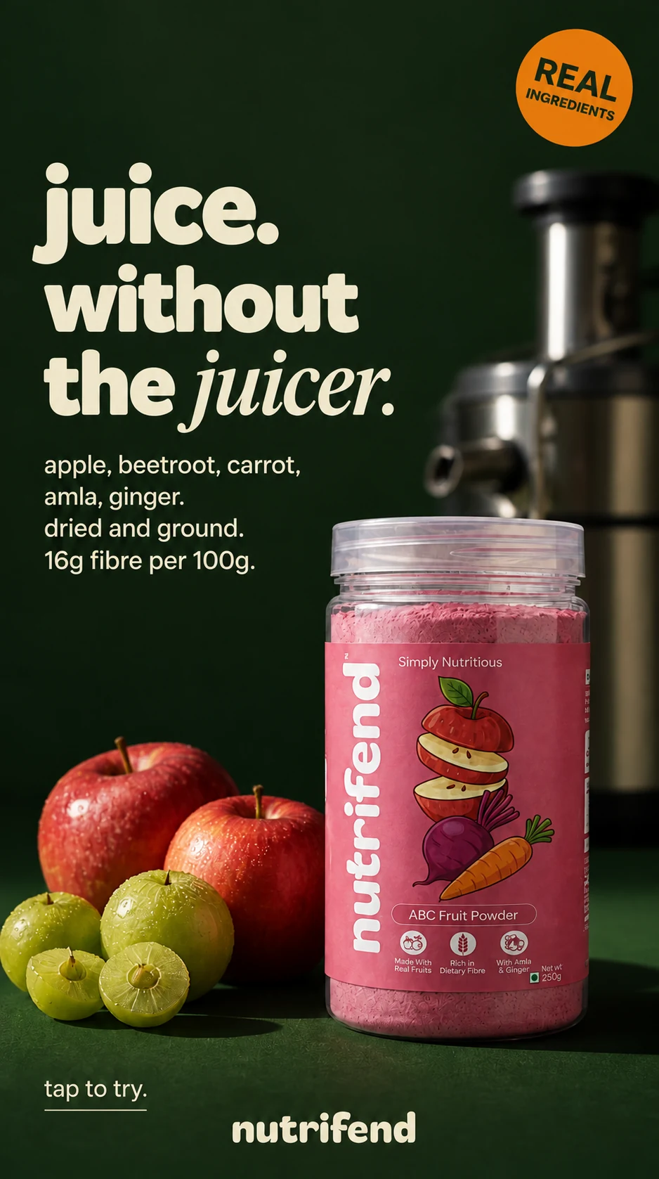 Nutrifend bottle with fruit and Juice without the juicer headline